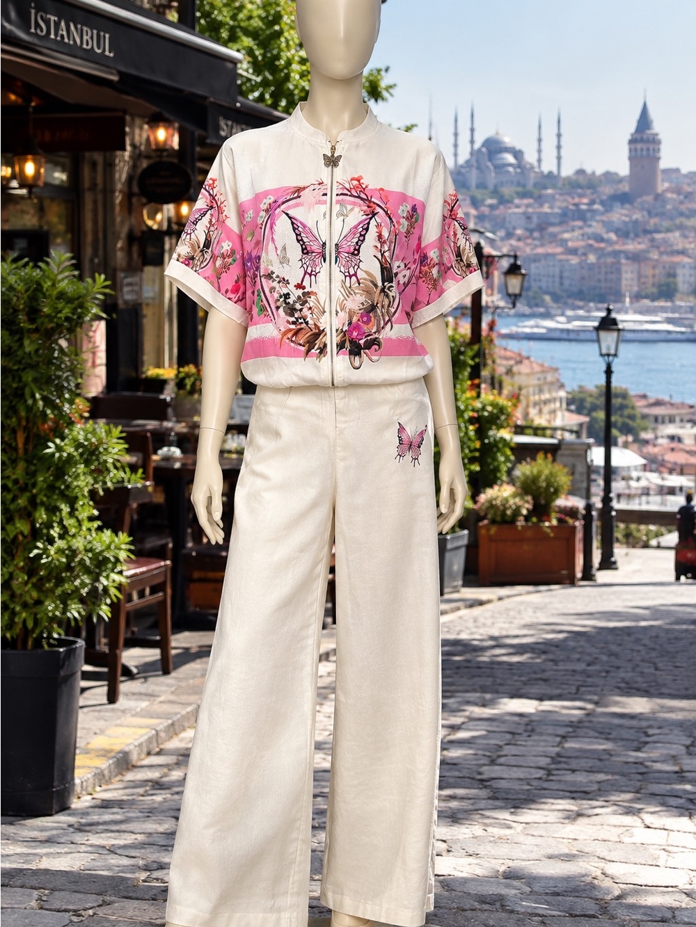 Butterfly Print Cream Wide-Leg Pants by satin fabric